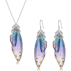 imageBriLove Butterfly Wing Jewelry Set Elegant Crystal Insect Dragonfly Pendant Necklace Drop Dangle Earrings for WomenBlue SilverTone