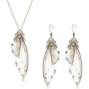 imageBriLove Butterfly Wing Jewelry Set Elegant Crystal Insect Dragonfly Pendant Necklace Drop Dangle Earrings for WomenIridescent AB Antiqued GoldTone