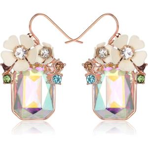 imageBriLove Fashion Elegant Rhinestone Enamel Rose Flower Emerald Cut Hook Dangle Earrigns for Women Party Prom AccessoriesIridescent AB