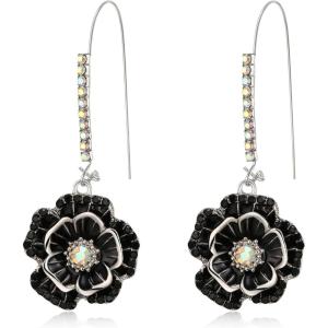 imageBriLove Fashion Elegant Rhinestone Enamel Rose Flower Hook Dangle Earrings for Women Party Prom Earring Accessories07Black SilverTone