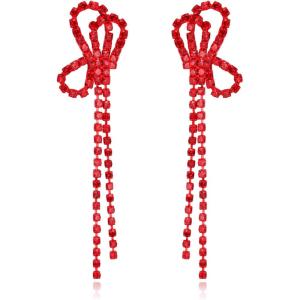 imageBriLove Fashion Long Sparkling Tassel Dangle Drop Earring Butterfly Knot Chandelier Dangling Earrings for Women Wedding Party Prom Ruby Color RedTone