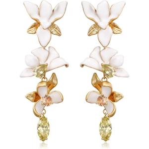 imageBriLove Gorgeous Sparkly Rhinestone Marquise Enamel 3 Layered Flower Dangle Earrings for WomenClear GoldTone