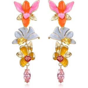 imageBriLove Gorgeous Sparkly Rhinestone Marquise Enamel 3 Layered Flower Dangle Earrings for WomenMulticolor GoldTone