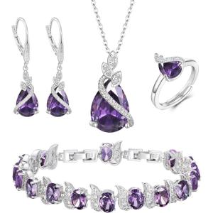 imageBriLove Jewelry Set for Bride Sparkling Water Drop Cubic Zirconia Crystal Pendant Necklace Leverback Earrings Tennis Bracelet Adjustable Ring Gift for WeddingBirthdayMothers DayChristmas02Purple SilverTone