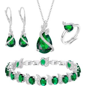 imageBriLove Jewelry Set for Bride Sparkling Water Drop Cubic Zirconia Crystal Pendant Necklace Leverback Earrings Tennis Bracelet Adjustable Ring Gift for WeddingBirthdayMothers DayChristmas05Emerald Color SilverTone