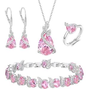 imageBriLove Jewelry Set for Bride Sparkling Water Drop Cubic Zirconia Crystal Pendant Necklace Leverback Earrings Tennis Bracelet Adjustable Ring Gift for WeddingBirthdayMothers DayChristmas03Pink SilverTone