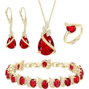 imageBriLove Jewelry Set for Bride Sparkling Water Drop Cubic Zirconia Crystal Pendant Necklace Leverback Earrings Tennis Bracelet Adjustable Ring Gift for WeddingBirthdayMothers DayChristmas10Ruby Color GoldTone