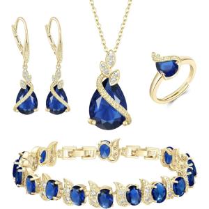 imageBriLove Jewelry Set for Bride Sparkling Water Drop Cubic Zirconia Crystal Pendant Necklace Leverback Earrings Tennis Bracelet Adjustable Ring Gift for WeddingBirthdayMothers DayChristmas08Sapphire Color GoldTone