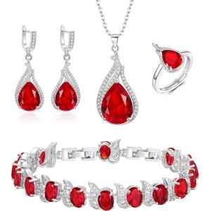 imageBriLove Jewelry Set for Bride Sparkling Water Drop Cubic Zirconia Crystal Pendant Necklace Leverback Earrings Tennis Bracelet Adjustable Ring Gift for WeddingBirthdayMothers DayChristmas14Ruby Color