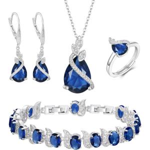 imageBriLove Jewelry Set for Bride Sparkling Water Drop Cubic Zirconia Crystal Pendant Necklace Leverback Earrings Tennis Bracelet Adjustable Ring Gift for WeddingBirthdayMothers DayChristmas01Sapphire Color SilverTone