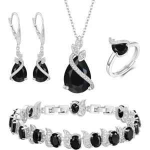 imageBriLove Jewelry Set for Bride Sparkling Water Drop Cubic Zirconia Crystal Pendant Necklace Leverback Earrings Tennis Bracelet Adjustable Ring Gift for WeddingBirthdayMothers DayChristmas06Black SliverTone