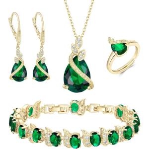 imageBriLove Jewelry Set for Bride Sparkling Water Drop Cubic Zirconia Crystal Pendant Necklace Leverback Earrings Tennis Bracelet Adjustable Ring Gift for WeddingBirthdayMothers DayChristmas11Emerald Color GoldTone