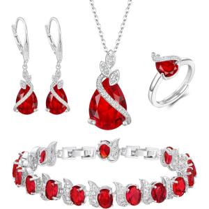 imageBriLove Jewelry Set for Bride Sparkling Water Drop Cubic Zirconia Crystal Pendant Necklace Leverback Earrings Tennis Bracelet Adjustable Ring Gift for WeddingBirthdayMothers DayChristmas04Ruby Color SilverTone