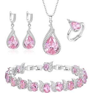 imageBriLove Jewelry Set for Bride Sparkling Water Drop Cubic Zirconia Crystal Pendant Necklace Leverback Earrings Tennis Bracelet Adjustable Ring Gift for WeddingBirthdayMothers DayChristmas12Pink