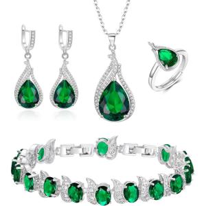 imageBriLove Jewelry Set for Bride Sparkling Water Drop Cubic Zirconia Crystal Pendant Necklace Leverback Earrings Tennis Bracelet Adjustable Ring Gift for WeddingBirthdayMothers DayChristmas13Emerald Color