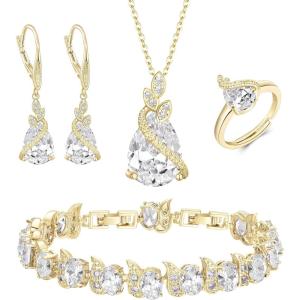 imageBriLove Jewelry Set for Bride Sparkling Water Drop Cubic Zirconia Crystal Pendant Necklace Leverback Earrings Tennis Bracelet Adjustable Ring Gift for WeddingBirthdayMothers DayChristmas09Clear GoldTone