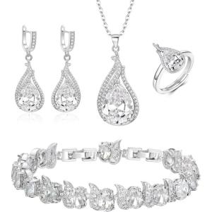 imageBriLove Jewelry Set for Bride Sparkling Water Drop Cubic Zirconia Crystal Pendant Necklace Leverback Earrings Tennis Bracelet Adjustable Ring Gift for WeddingBirthdayMothers DayChristmas17Clear