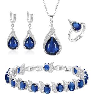 imageBriLove Jewelry Set for Bride Sparkling Water Drop Cubic Zirconia Crystal Pendant Necklace Leverback Earrings Tennis Bracelet Adjustable Ring Gift for WeddingBirthdayMothers DayChristmas15Sapphire Color