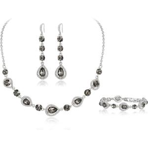 imageBriLove Sparkly Elegant Rhinestone Teardrop Necklace Bracelet Leverback Earrings Jewelry Set for Women Wedding Prom DressGrey SilverTone
