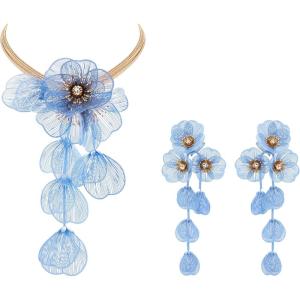 imageBriLove Strand Statement Flower Necklace for Women Shiny Chic Floral Collar Bib Necklaces Dangle Earrings Jewelry Summer Beach Holiday Costume PromBlue