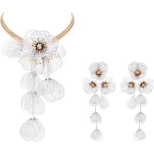 imageBriLove Strand Statement Flower Necklace for Women Shiny Chic Floral Collar Bib Necklaces Dangle Earrings Jewelry Summer Beach Holiday Costume PromClear GoldTone