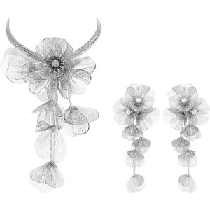 imageBriLove Strand Statement Flower Necklace for Women Shiny Chic Floral Collar Bib Necklaces Dangle Earrings Jewelry Summer Beach Holiday Costume PromClear
