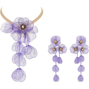 imageBriLove Strand Statement Flower Necklace for Women Shiny Chic Floral Collar Bib Necklaces Dangle Earrings Jewelry Summer Beach Holiday Costume PromPurple