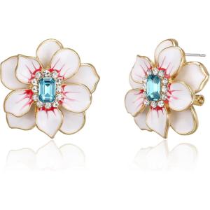 imageBriLove Stunning Gorgeous Rhinestone Emerald Cut Enamel Flower Shaped Stud Earrings for Women Clear GoldToned