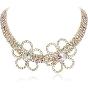 imageBriLove Womens Flower Collar Necklace Double Crystal Statement Chunky Necklace Bib for Summer Beach Chokers NecklacesIridescenet AB GoldTone