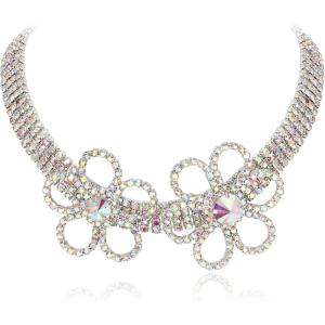 imageBriLove Womens Flower Collar Necklace Double Crystal Statement Chunky Necklace Bib for Summer Beach Chokers NecklacesIridescenet AB SilverTone