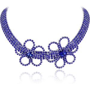 imageBriLove Womens Flower Collar Necklace Double Crystal Statement Chunky Necklace Bib for Summer Beach Chokers NecklacesRoyal Blue SilverTone