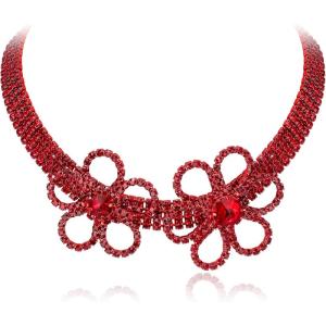 imageBriLove Womens Flower Collar Necklace Double Crystal Statement Chunky Necklace Bib for Summer Beach Chokers NecklacesRuby Color RedTone