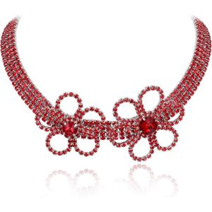 imageBriLove Womens Flower Collar Necklace Double Crystal Statement Chunky Necklace Bib for Summer Beach Chokers NecklacesRuby Color SilverTone