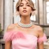 imageBriLove Elegant Round Cream Simulated Pearl 3 Strand Layered Choker Necklace Stud Earrings for Women Costume Cosplay Party Prom SilverTone