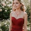 imageBriLove Wedding Jewelry Set for Women Bride YNecklace Dangle Earrings Crystal Teardrop Leaf Flower Cluster Bridal Bridesmaid06Ruby Color GoldTone