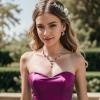 imageBriLove Wedding Jewelry Set for Women Bride YNecklace Dangle Earrings Crystal Teardrop Leaf Flower Cluster Bridal Bridesmaid07Purple