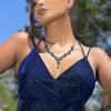 imageBriLove Wedding Jewelry Set for Women Bride YNecklace Dangle Earrings Crystal Teardrop Leaf Flower Cluster Bridal BridesmaidSapphire Color SilverTone