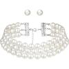 imageBriLove Elegant Round Cream Simulated Pearl 3 Strand Layered Choker Necklace Stud Earrings for Women Costume Cosplay Party Prom SilverTone