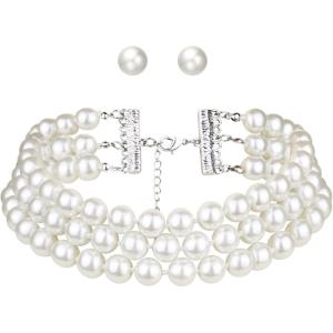 imageBriLove Elegant Round Cream Simulated Pearl 3 Strand Layered Choker Necklace Stud Earrings for Women Costume Cosplay Party Prom SilverTone