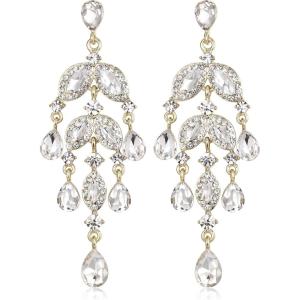 imageBriLove Gorgeous Shiny Rhinestones Teardrop Marquise Cluster Chandelier Long Dangle Earrings for Women Wedding Party Prom Jewelry AccessoryClear GoldTone