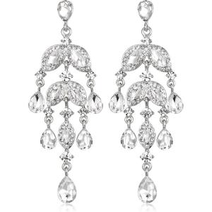 imageBriLove Gorgeous Shiny Rhinestones Teardrop Marquise Cluster Chandelier Long Dangle Earrings for Women Wedding Party Prom Jewelry AccessoryClear SilverTone