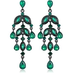 imageBriLove Gorgeous Shiny Rhinestones Teardrop Marquise Cluster Chandelier Long Dangle Earrings for Women Wedding Party Prom Jewelry AccessoryEmerald Color BlackTone
