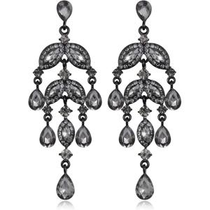 imageBriLove Gorgeous Shiny Rhinestones Teardrop Marquise Cluster Chandelier Long Dangle Earrings for Women Wedding Party Prom Jewelry AccessoryGrey BlackTone