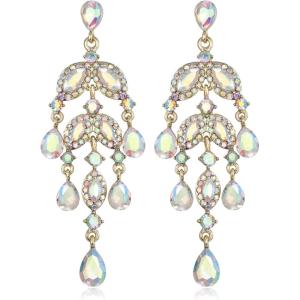 imageBriLove Gorgeous Shiny Rhinestones Teardrop Marquise Cluster Chandelier Long Dangle Earrings for Women Wedding Party Prom Jewelry AccessoryIridescent AB GoldTone