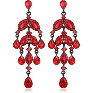 imageBriLove Gorgeous Shiny Rhinestones Teardrop Marquise Cluster Chandelier Long Dangle Earrings for Women Wedding Party Prom Jewelry AccessoryRuby Color BlackTone