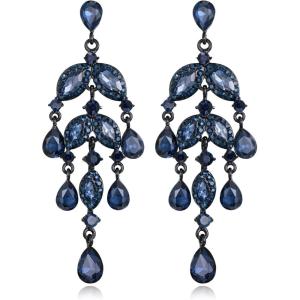 imageBriLove Gorgeous Shiny Rhinestones Teardrop Marquise Cluster Chandelier Long Dangle Earrings for Women Wedding Party Prom Jewelry AccessorySapphire Color BlackTone