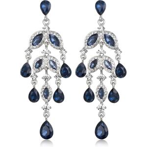 imageBriLove Gorgeous Shiny Rhinestones Teardrop Marquise Cluster Chandelier Long Dangle Earrings for Women Wedding Party Prom Jewelry AccessorySapphire Color SilverTone