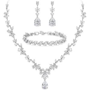 imageBriLove Gorgeous Wedding Jewelry Set for Women Bridal Cubic Zirconia Marquise Teardrop Leaf Cluster YNecklace Dangle Earrings Link Bracelet01Clear SilverTone