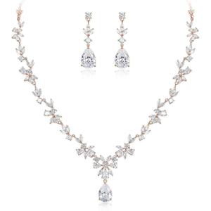 imageBriLove Gorgeous Wedding Jewelry Set for Women Bridal Cubic Zirconia Marquise Teardrop Leaf Cluster YNecklace Dangle Earrings Link Bracelet2PCSRoseGoldTone