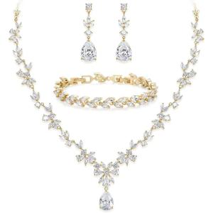 imageBriLove Gorgeous Wedding Jewelry Set for Women Bridal Cubic Zirconia Marquise Teardrop Leaf Cluster YNecklace Dangle Earrings Link BraceletClear 14K GoldTone